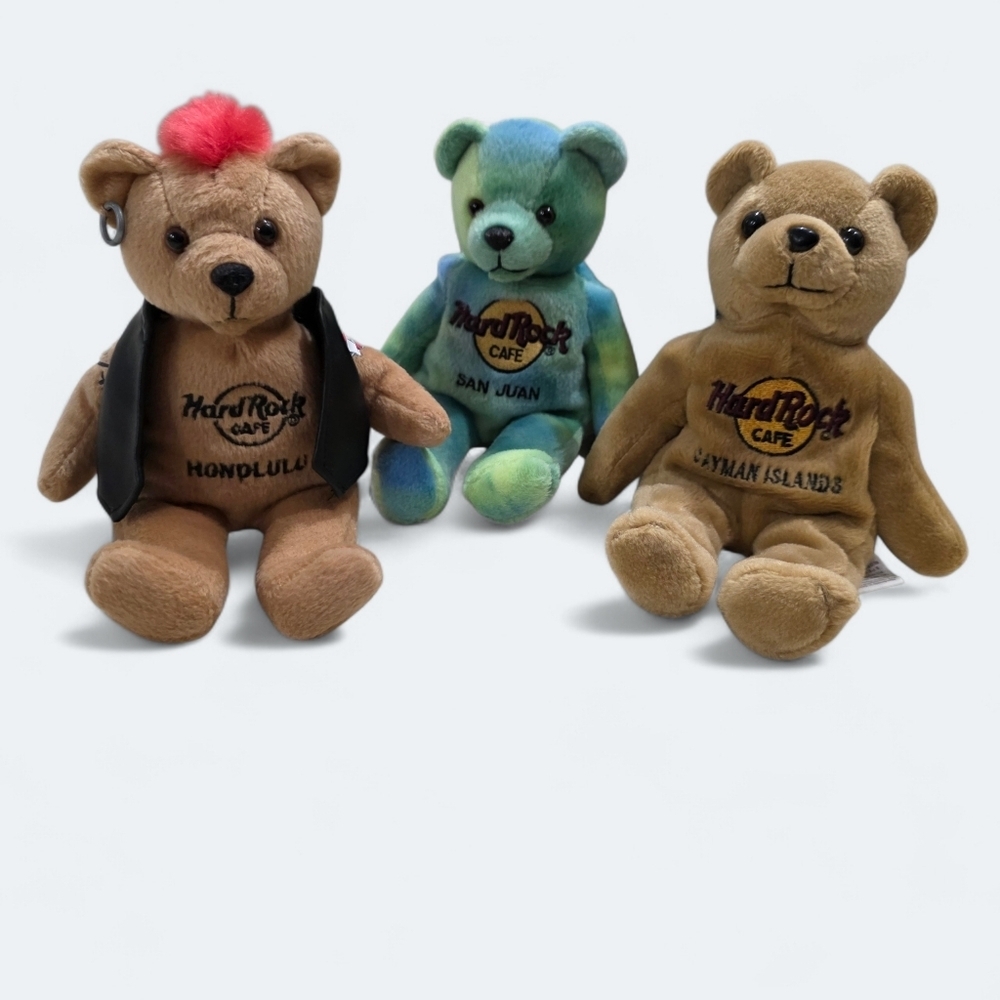 Hard Rock Cafe Biker Teddy Bear Collection Set Of 3 Honolulu San Juan Cayman
